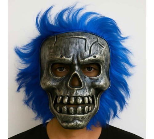 Wild Skull - Gümüş Kafatası Mavi Saçlı İskelet Maske