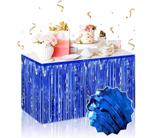 Kendinden Yapışkanlı Mavi Metalize Püsküllü Masa Eteği – 75 x 275 cm Parti Süslemesi