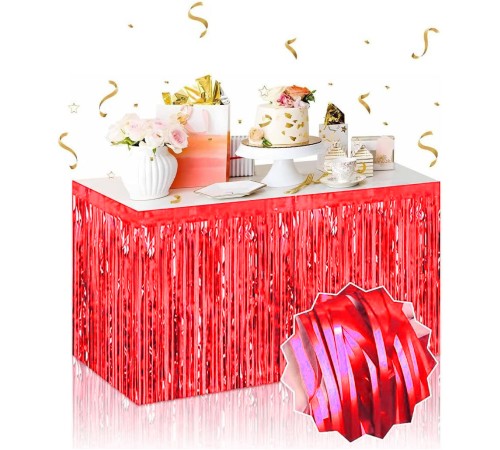 Kendinden Yapışkanlı Kırmızı Metalize Püsküllü Masa Eteği – 75 x 275 cm Parti Süslemesi