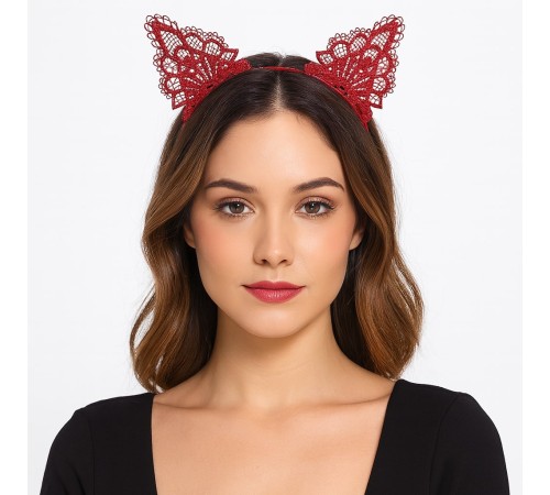 Dantelli Kırmızı Kedi Tacı - Vintage Tarz Dantel Kedi Kulak