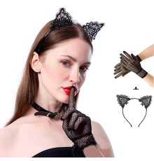 Siyah Kedi Dantel Taç + Eldiven Seti – Parti, Dans ve Kostüm Kombini