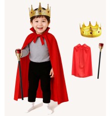 Çocuk Kral Kostüm Seti – Kırmızı Pelerin, Taç ve Asa (90 cm)