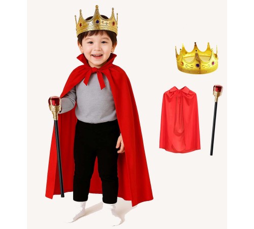 Çocuk Kral Kostüm Seti – Kırmızı Pelerin, Taç ve Asa (90 cm)