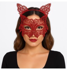 Kırmızı Dantel Kedi Maskesi ve Dantel Taç Seti – Kadın Kostüm Aksesuarı