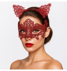 Romantik Kırmızı Dantel Maske Seti – Kedi Kulaklı Taç ve Maske 3 No