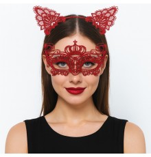 Lüks Kırmızı Dantel Taçlı Maske Seti 2 No - Parti, Balo, Kostüm Aksesuarı