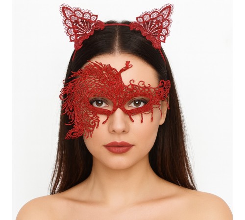 Alevin Zarafeti Kırmızı Dantel Maske ve Taç Seti 4 No – Kadın Kostüm Tamamlayıcı