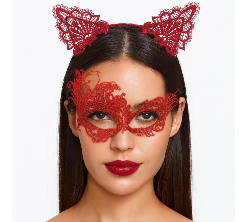 Gizemli Kırmızı Dantel Maske ve Taç Seti 1 No - Kostüm Seti
