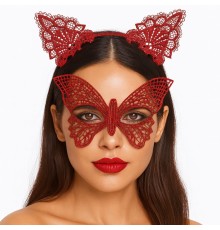 Gösterişli Kırmızı Dantel Maske ve Taç Seti 7 No – Masquerade ve Davetler için