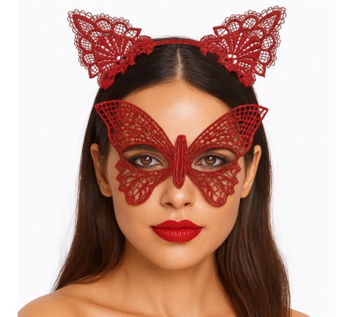 Gösterişli Kırmızı Dantel Maske ve Taç Seti 7 No – Masquerade ve Davetler için