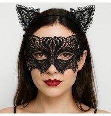 Siyah Dantel Kedi Maskesi ve Taç Seti 8 No – Şık ve Zarif Parti Aksesuarı