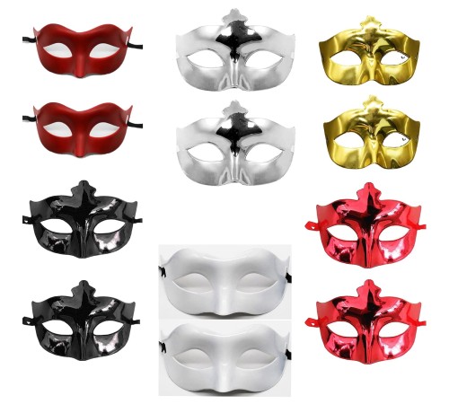 12’li Renkli Parti Maskesi Seti – Siyah Gold Gümüş Kırmızı Beyaz Mat Kırmızı