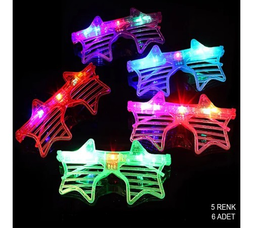 Işıklı Yıldız Şekilli Led Parti Gözlüğü 5 Renk 6 lı Set