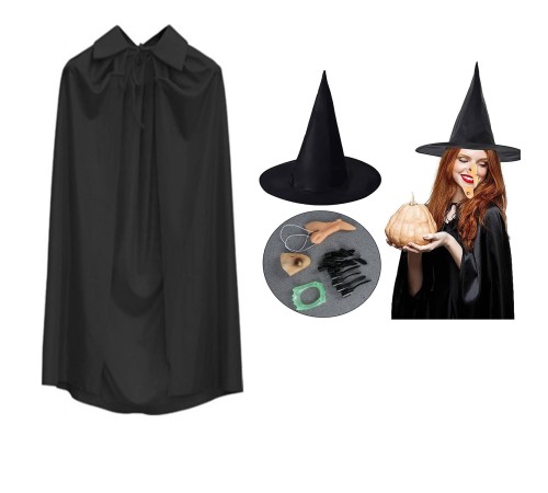 Cadı Kostüm Seti 6 Parça - Şapka Pelerin Diş Tırnaklar Çene ve Burun