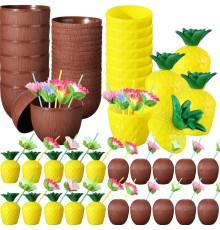 Tropikal Parti Bardak Seti – Ananas ve Hindistan Cevizi Şekilli Pipetli Bardaklar (20 Adet)