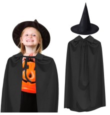 90 cm Siyah Yakalı Pelerin ve Siyah Cadı Şapkası Kostüm Seti