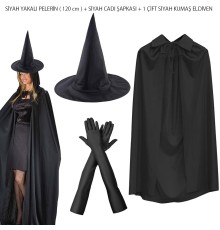 120 cm Siyah Yakalı Cadı Pelerini Cadı Şapkası ve 1 Çift Siyah Kumaş Eldiven Seti 3 Parça