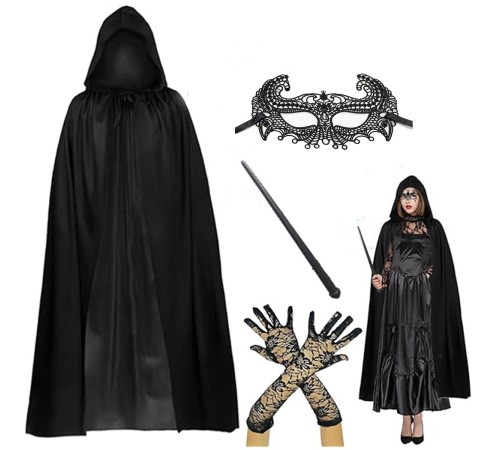 120 cm Kapüşonlu Siyah Pelerin + Asa + Dantel Maske + Uzun Dantel Siyah Eldiven Kostüm Seti