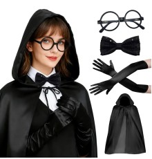 Siyah Kapüşonlu Büyücü ve Cadı Pelerin Kostüm Seti (4 Parça)