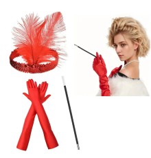 1920 ler Tarzı Kırmızı Tüylü Saç Bandı Kırmızı Rugan Eldiven ve Sigaralık Seti