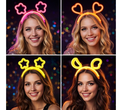 Karanlıkta Parlayan Glow Taç Seti 12 Adet – Yıldız Kalp Ay Çiçek (Her Model 3 Adet)