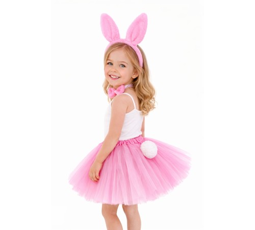 Kız Çocuk Tamamen Pembe Tavşan Kulaklı Kostüm Seti – Tütü Etekli 4 Parça