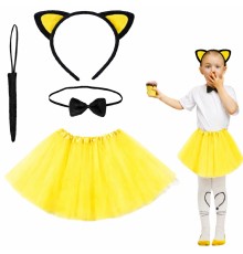 Sarı Renk Etekli Kedi Kostüm Seti (Tütü, Taç, Papyon, Kuyruk)
