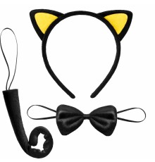Sarı Kulaklı Kedi Kostüm Seti – Taç Papyon Kuyruk 3 Parça