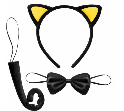 Sarı Kulaklı Kedi Kostüm Seti – Taç Papyon Kuyruk 3 Parça