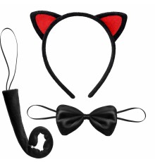 Kırmızı Kulaklı Kedi Kostüm Seti – Taç Papyon Kuyruk 3 Parça