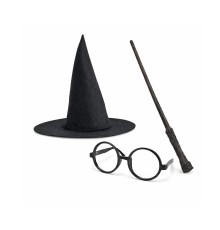 Harry Potter Tarzı Çocuk Seti - Siyah Keçe Şapka, Asa, Gözlük