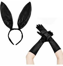 Siyah Parlak Tavşan Kulak ve 40 cm Parlak Siyah Eldiven Kostüm Seti