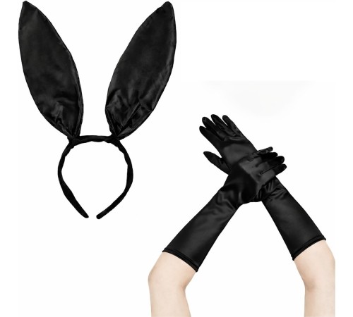 Siyah Parlak Tavşan Kulak ve 40 cm Parlak Siyah Eldiven Kostüm Seti