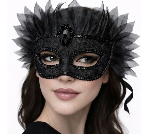 Siyah Taşlı Venedik Maskesi Lüks Tüllü Parti Maskesi
