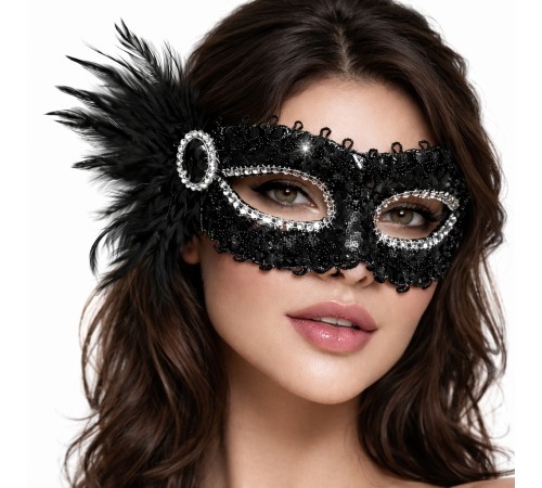 Siyah Taşlı Venedik Parti Maskesi – Tüylü Payetli