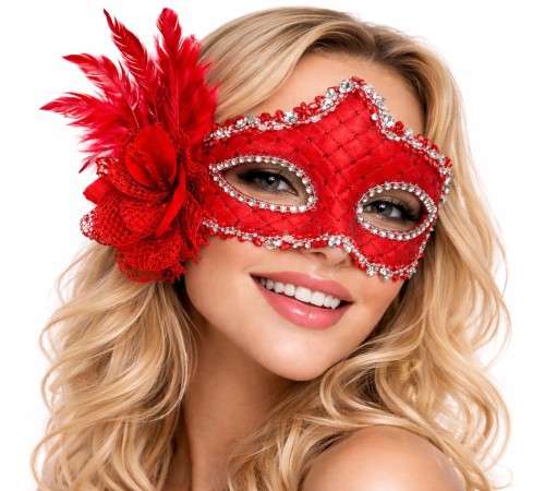 Kırmızı Tüylü Venedik Lüks Balo Maskesi