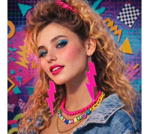 80 ler 90 lar Retro Neon Pembe Şimşek Küpe 10 cm