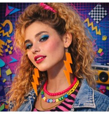 80 ler 90 lar Retro Neon Turuncu Şimşek Küpe 10 cm