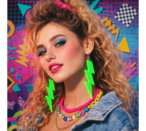 80 ler 90 lar Retro Neon Yeşil Şimşek Küpe 10 cm