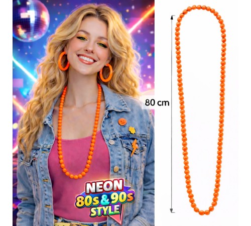 Neon Turuncu Boncuk Kolye 80 cm – Retro 80’ler 90’lar Parti Aksesuarı