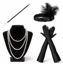 1920’ler Çarliston Aksesuar Seti – İnci Kolye, Eldiven, Tutucu, Siyah Saç Bandı