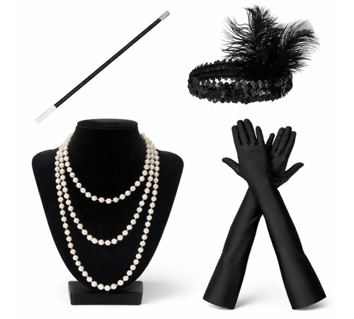 1920’ler Çarliston Aksesuar Seti – İnci Kolye, Eldiven, Tutucu, Siyah Saç Bandı
