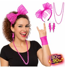 80’ler 90’lar Neon Pembe Parti Seti – Kolye Küpe Taç