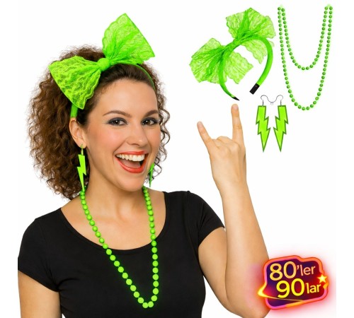 80’ler 90’lar Neon Yeşil Parti Seti – Kolye Küpe Taç