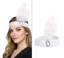 Beyaz Tüylü Retro Çarliston Saç Bandı - 70-80-90’lar Parti Tacı