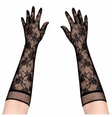 Siyah Uzun Gül Desenli Dantel Kadın Eldiveni