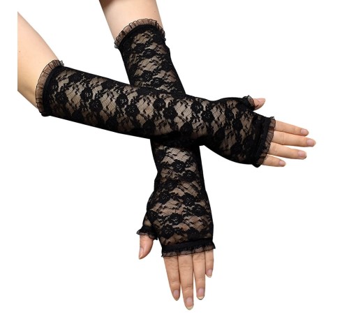 Uzun Zarif Dantel Eldiven Parmaksız Siyah 35 cm