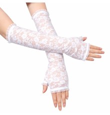 Uzun Zarif Dantel Eldiven Parmaksız Beyaz 35 cm