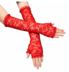 Uzun Zarif Dantel Eldiven Parmaksız Kırmızı 35 cm