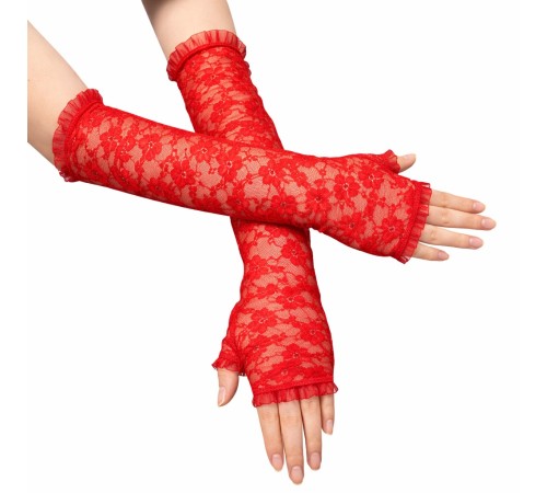 Uzun Zarif Dantel Eldiven Parmaksız Kırmızı 35 cm